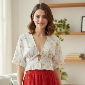 A linen tie top with a "Happy Nature" floral pattern